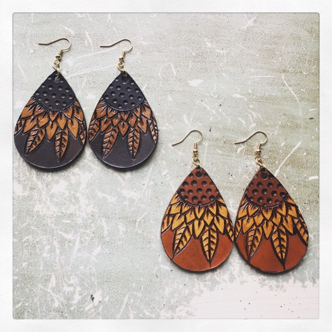 Sunflower Leather Earrings. Leather Earrings. Earrings. Women's Leather
