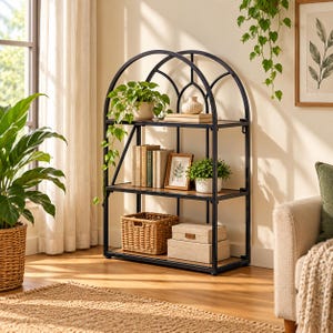 May include: A black metal three-tier bookshelf with an arched top design. The shelves are made of wood and hold a potted plant, books, a small vase, a framed picture, a woven basket, and two stacked rectangular storage boxes.