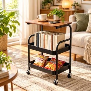 May include: A black metal rolling cart with two storage tiers and a wood-grain top surface. The top shelf holds a white mug and a smartphone. The middle shelf contains a row of books, and the bottom shelf holds two bags of snacks.