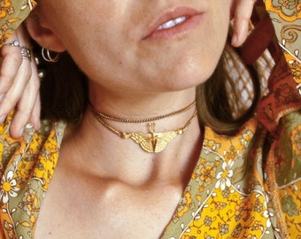70s Necklace - Butterfly Necklace, Gold Butterfly Choker