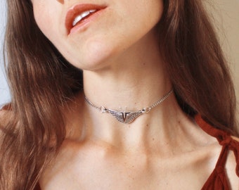 Butterfly Choker - Silver Butterfly Necklace, Wiccan Necklace, Pagan Necklace
