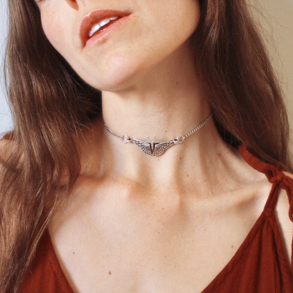 Butterfly Choker - Silver Butterfly Necklace, Wiccan Necklace, Pagan Necklace
