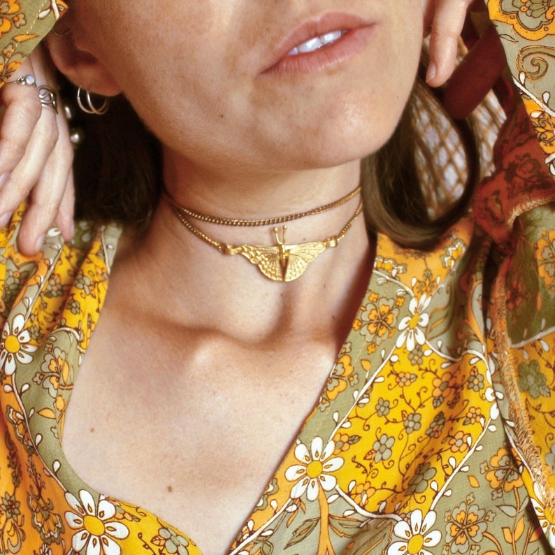 70s Necklace - Butterfly Necklace, Gold Butterfly Choker 