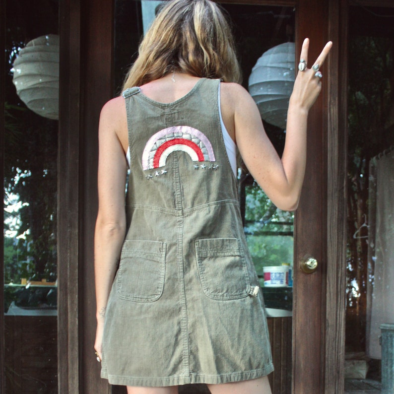Rainbow Clothing Women Sage Green Overall Dress Corduroy Overalls Women Size L 70s Clothing Dress