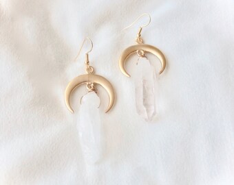 Gothic Jewelry - Alternative Earrings, Gold Moon Earrings, Large Quartz Earrings