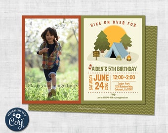 Camping Birthday Invitation, Hiking Adventure Party, Edit in Corjl, Instant Download, Boy Birthday Party, Digital Template, Photo Invitation