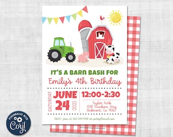 Farm Party Birthday Invitation, Edit in Corjl, Farm Animals, Printable Template, Girl Party, Barnyard, Kids Party, Country Theme