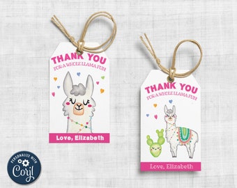 Llama Birthday Party Tags, Thank You Tag, Favor Tag, Edit in Corjl, Instant Download, Digital File, Party Printable, Pink, Girl Party