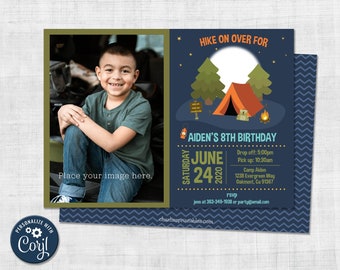 Camping Sleepover Birthday Invitation, Camp Out Party, Hiking, Edit in Corjl, Instant Download, Boy, Digital Template, Photo Invitation