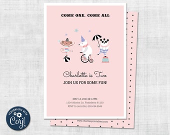 Circus Birthday Invitation, Circus Animals, Simple Modern Design, Carnival, Corjl App, Self Editable, Instant Download, Baby Shower, Girl