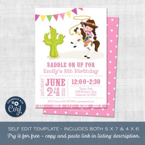 Cowgirl Birthday Invitation, Edit in Corjl, Horse Theme, Printable Template, Girl Party, Sweet Cowgirl, Cowgirl Boots, Western Theme