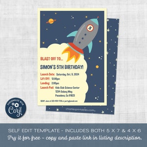 Rocket Birthday Invitation, Space Party, Edit in Corjl, Instant Download, Boy Birthday, Kids Party, Digital Template, Vintage, Retro