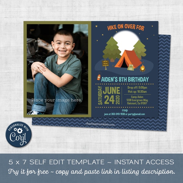 Camping Sleepover Birthday Invitation, Camp Out Party, Hiking, Edit in Corjl, Instant Download, Boy, Digital Template, Photo Invitation