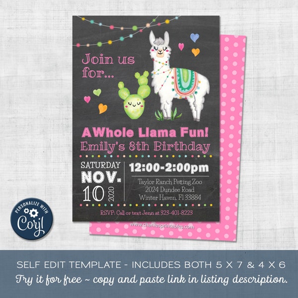 Llama Birthday Invitation, Edit Yourself in Corjl, Instant Download, Chalkboard, Girl Party, Printable, Digital Template, 5 x 7 & 4 x 6