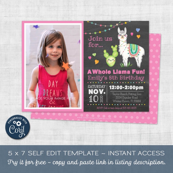 Llama Photo Invitation, Edit yourself in Corjl, Chalkboard Llama Birthday, Instant Download, Girl Party, Cactus, Printable Digital Template