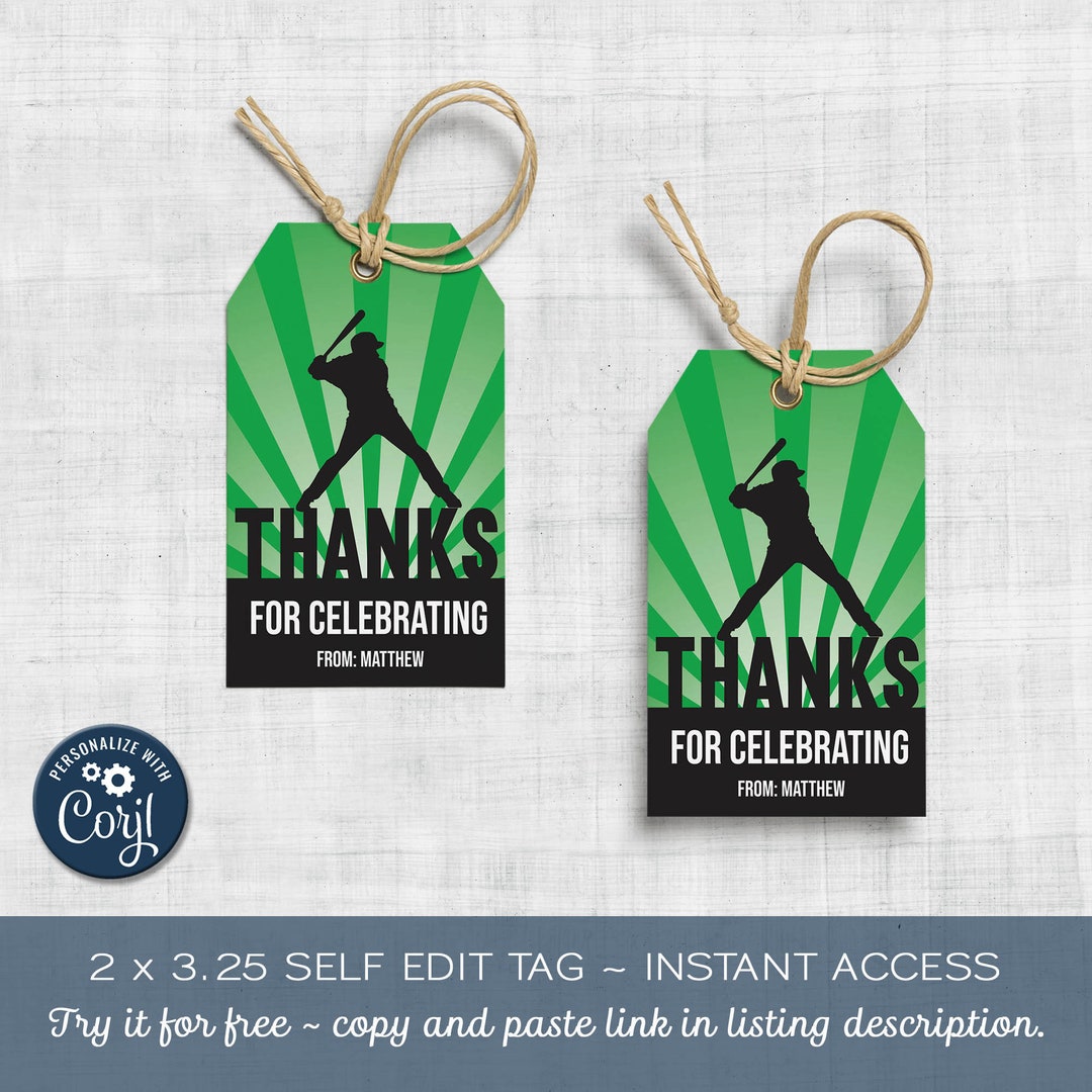 Baseball Birthday Party Tags, Thank You Favor Tag, Edit in Corjl, Boy ...