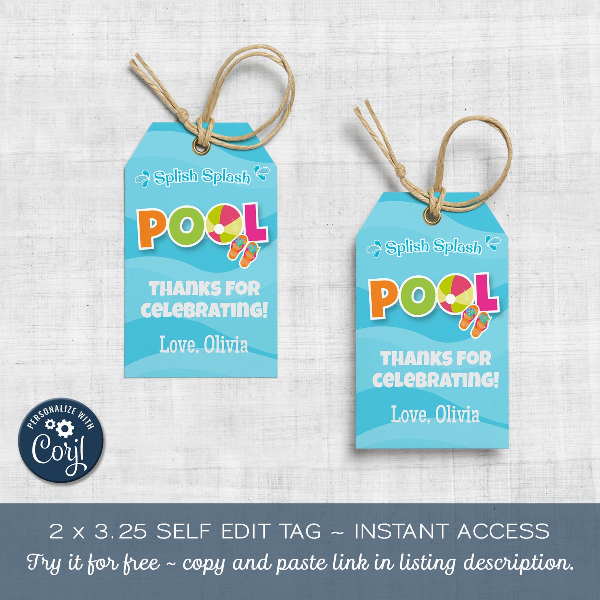 Pool Party Tags Swim Birthday Thank You Tag Favor Tag Edit | Etsy
