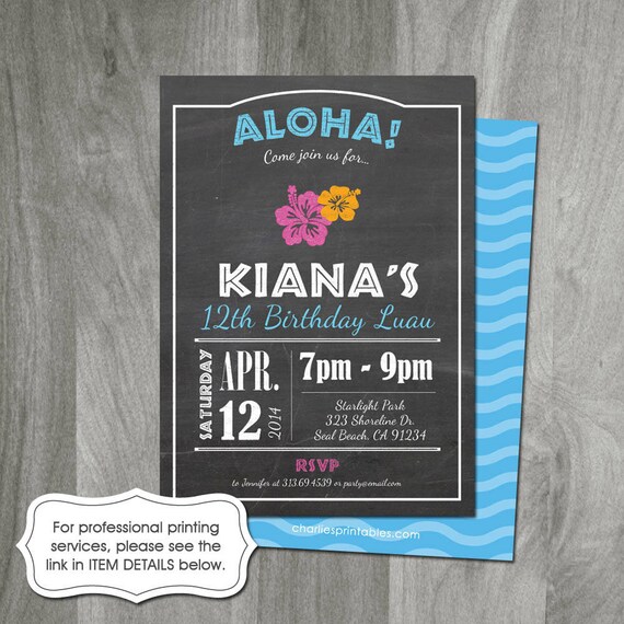 Hawaiian Luau Birthday Invitation Chalkboard Background Diy Image 0