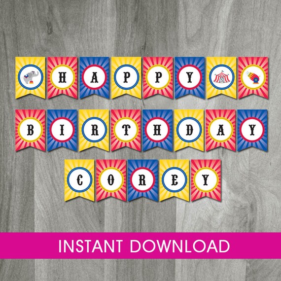Circus Party Banner Self Editable Instant Download Bunting Birthday Printable Diy Carnival Decorations Personalize Digital Pdf File