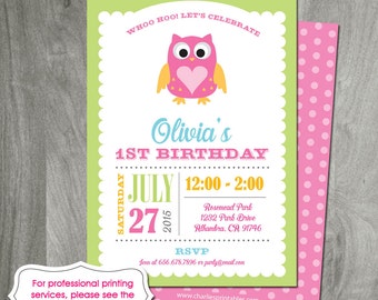Owl Birthday Party, Printed Invitation or Digital File, Personalized, Baby Shower, 1st Birthday, Owl Printable, Custom, Girl Birthday