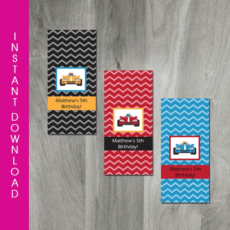 Party Printable Favor Labels Self Editable Mini Hershey Bar Candy Wrapper Race Car Party INSTANT DOWNLOAD Digital Pdf File
