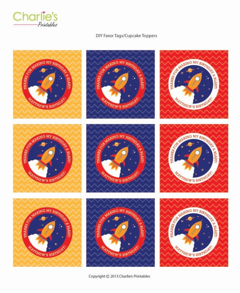 DIY Party Printable Rocket or Space Birthday Party Rocket Birthday Favor Labels or Cupcake Toppers