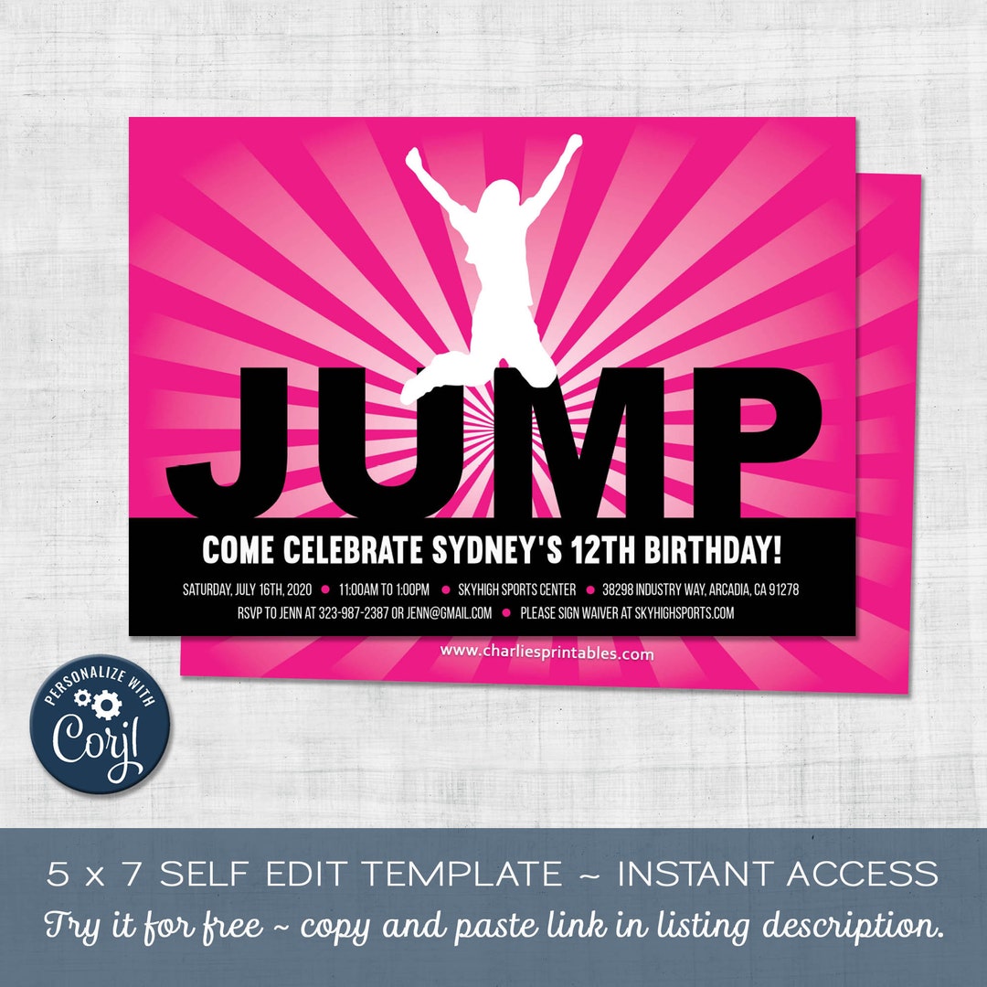 Trampoline Birthday Invitation Self Editable INSTANT Etsy