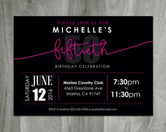 50th Birthday Invitation, Adult Birthday, Fiftieth Party, Diy Printable, Printing Available, Personalized Digital File, Pink and Black