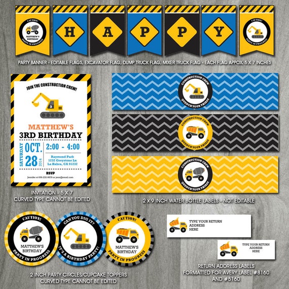 Construction Birthday Party Pack Self Editable Instant Etsy