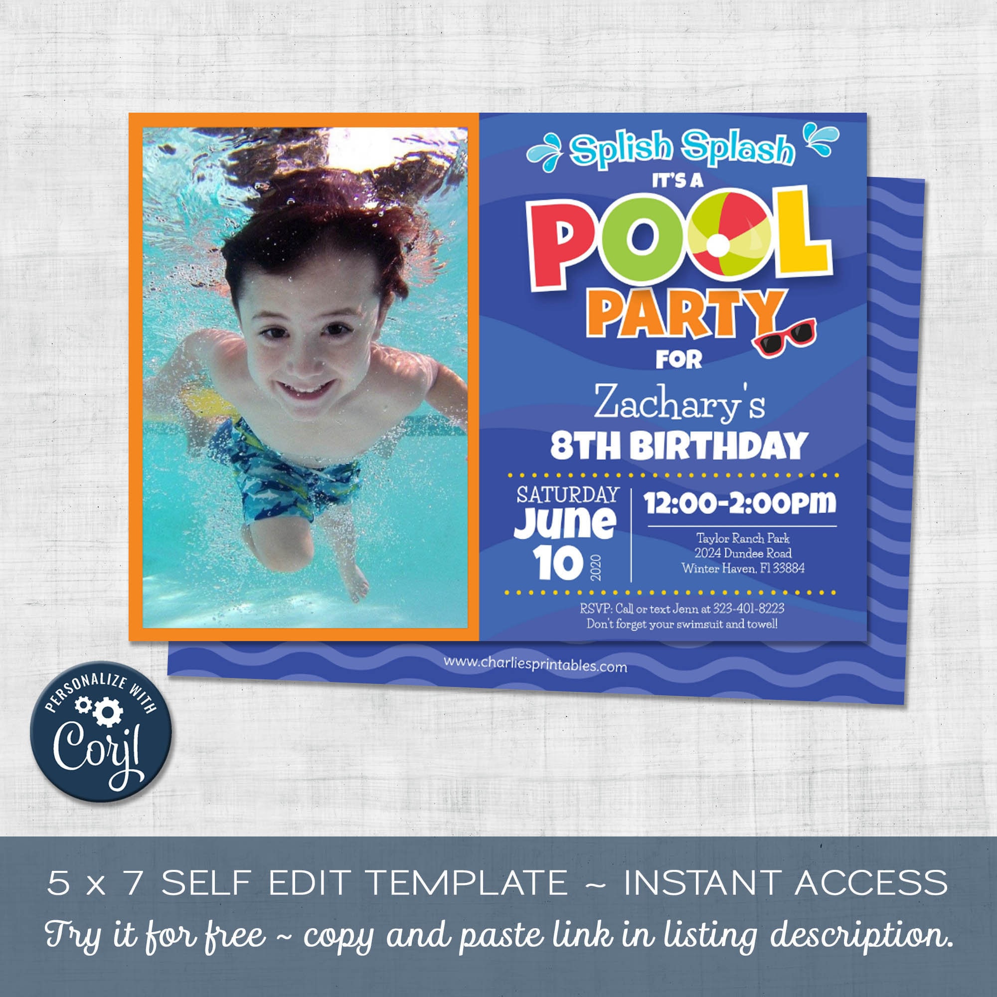 Pool Party Birthday Invitation Swim Party Edit in Corjl | Etsy