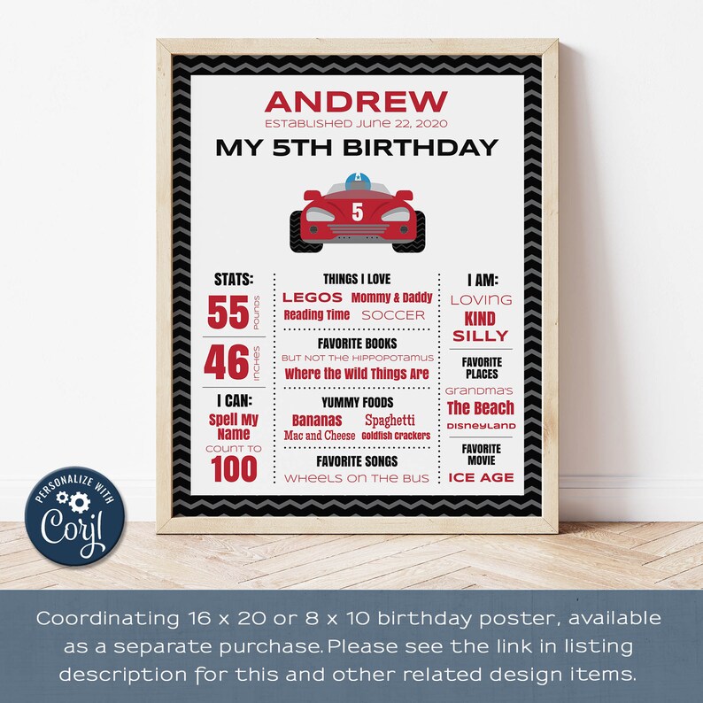 Boy Birthday Edit in Corjl Simple Clean Design Race Car Birthday Invitation 5 x 7 /& 4 x 6 Digital Template Instant Download
