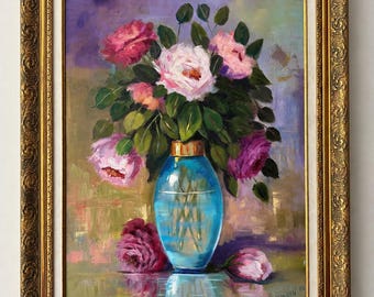 Original Oil Painting, Pink Roses in Blue Vase, Ornate Gold Frame, Floral Wall Art