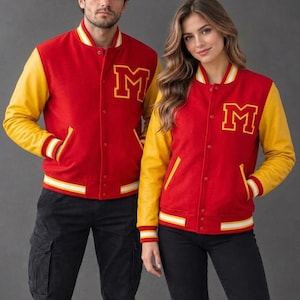 MJ Thriller Red Yellow Varsity Jacket, Men's Retro Letterman Bomber with M Patch, Vintage 80s College Style Streetwear Coat