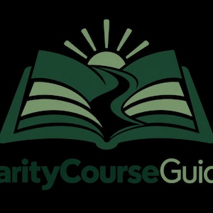 Peut inclure: Un logo représentant un livre ouvert avec des pages vertes et un chemin sinueux vert foncé menant vers un soleil levant. Le texte ClarityCourseGuides est écrit dans une police sans empattement vert foncé sous le livre.