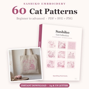Op de afbeelding: Een digitaal product voor 60 Sashiko-borduurpatronen, inclusief PDF-, SVG- en PNG-bestanden. De afbeelding toont een boekomslag met de titel Sashiko Cat Collection en een draagtas met een roze geborduurd kattenontwerp.