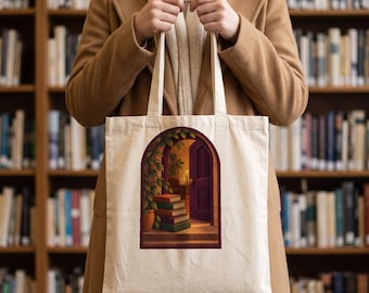 Book Tote Bag, Library Door Canvas Tote Bag for Readers, Bookish Gift