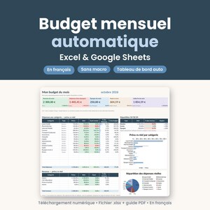 Peut inclure: Un tableur de budget mensuel numérique pour Excel et Google Sheets intitulé Budget mensuel automatique. L'interface affiche des données financières pour octobre 2026, incluant revenus, dépenses, épargne et graphiques de répartition.
