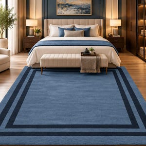 Blue Area Rug with Navy Border, Modern Rectangular Carpet, Blue Living Room Rug, Minimalist Bedroom Floor Decor