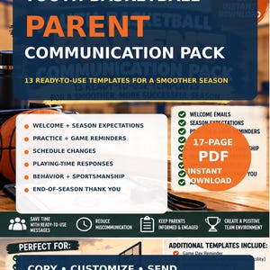 Könnte beinhalten: Ein 17-seitiges PDF-Paket zur Elternkommunikation für Jugendbasketball mit gebrauchsfertigen Vorlagen für Begrüßungs-E-Mails, Saisonerwartungen, Trainings- und Spiel-Erinnerungen, Terminänderungen, Spielzeit-Antworten und Dankesschreiben zum Saisonende.