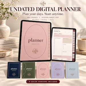 May include: An undated digital planner displayed on two tablets, featuring 483 pages and hyperlinked PDF functionality. Five color versions are shown below in navy, olive, pink, lavender, and light blue, each with the GLXM logo and planner text.