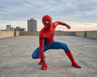 Op de afbeelding: Een volledig Spider-Man-kostuum met een levendig rood en blauw kleurenschema met zwarte webpatronen, een klein zwart spinnenembleem op de borst en witte ooglenzen, vastgelegd in een gehurkte houding op een betonnen dakoppervlak.