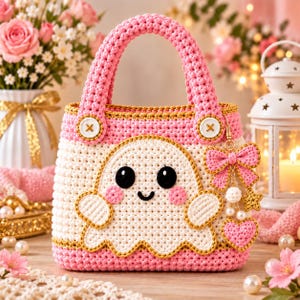 Ghost Crochet Bag Pattern PDF, Kawaii Ghost Tote Bag, Halloween Crochet Purse with Appliqué, Pink and Gold Handbag