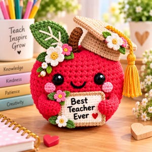 Könnte beinhalten: Ein roter gehäkelter Apfel mit einer beigen Doktorhut-Mütze und einer gelben Quaste. Der Apfel hat schwarze Augen, ein Lächeln und hält ein weißes Schild mit der Aufschrift Best Teacher Ever und einem roten Herz. Er ist mit kleinen Blumen verziert.