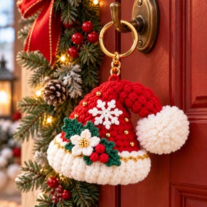 Könnte beinhalten: Ein gehäkelter Weihnachtsmannmützen-Schlüsselanhänger mit roter, strukturierter Kappe, weißem Bommel, weißem Rand, einer weißen Schneeflocken-Applikation sowie grünen Stechpalmenblättern mit roten Beeren an einem goldfarbenen Metallring.