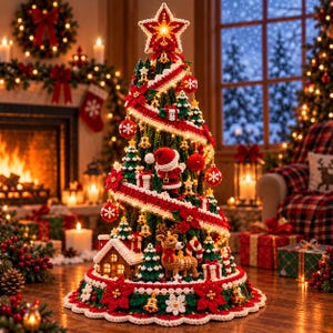 Könnte beinhalten: Eine gehäkelte Weihnachtsbaumdekoration mit einer grünen konischen Basis, einem Stern als Spitze, roten Bandgirlanden, Miniatur-Weihnachtsmann-, Rentier-, Haus- und Geschenkverzierungen, akzentuiert mit kleinen goldenen Glocken.