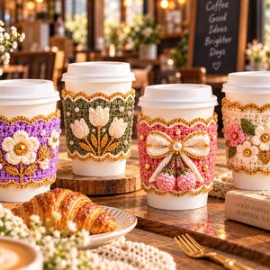 Könnte beinhalten: Vier weiße Einweg-Kaffeebecher mit dekorativen Häkelmanschetten. Die Manschetten zeigen aufwendige Blumen-, Tulpen- und Schleifenmuster aus violettem, grünem, rosafarbenem und cremefarbenem Garn, verziert mit kleinen weißen Perlen.
