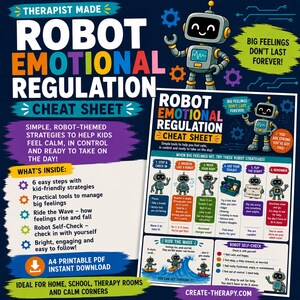 May include: A Robot Emotional Regulation Cheat Sheet poster featuring a cartoon robot, six numbered steps for emotional management, a Ride the Wave section, and a Robot Self-Check guide. The text includes Big Feelings Don't Last Forever.