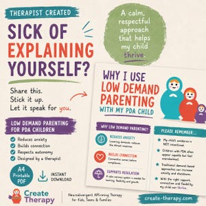 May include: An informational flyer titled SICK OF EXPLAINING YOURSELF? featuring text about low demand parenting for PDA children. It includes a graphic of three nesting dolls, bullet points on benefits, and a section titled WHY I USE LOW DEMAND PARENTING.