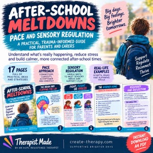 May include: A digital guide titled After-School Meltdowns: Pace and Sensory Regulation, a practical, trauma-informed guide for parents and carers. It includes 17 pages of strategies, brain science, and real-life examples in an A4 PDF format.