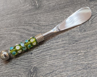 couvert à salade acier inoxydable perle de verre de Murano filé au chalumeau rayé vert violet